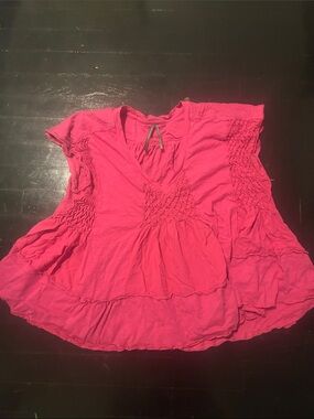Anthropologie Fuchsia Smocked V-Neck Cotton Tunic